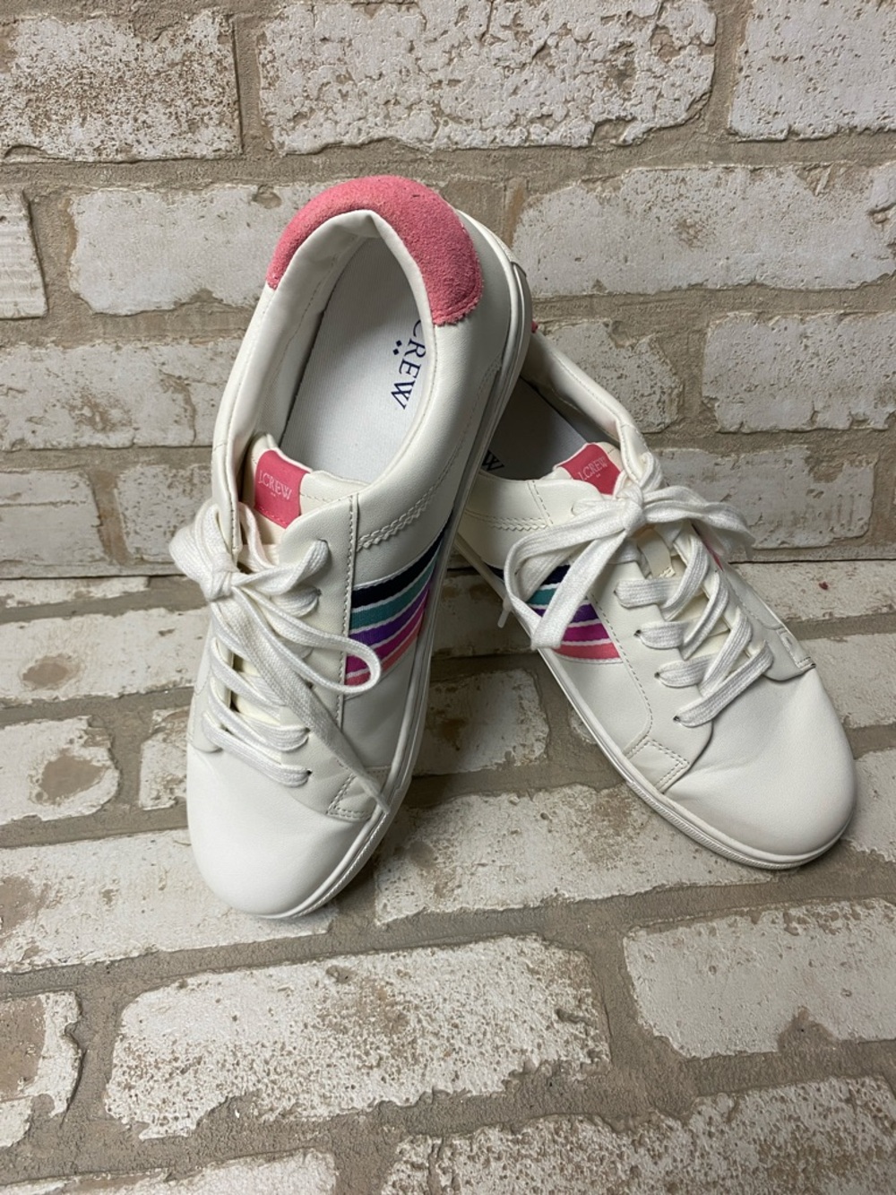 J. Crew White Sneakers with Pink Heel and Multicolor Stripe